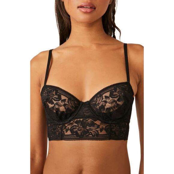 NWT Free People Sorento Demi Lace Longline Underwire Bra Black Noir 32C - Picture 2 of 7